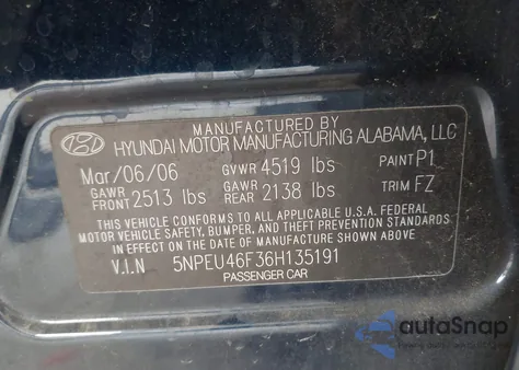 2006 Hyundai Sonata Gls V6/Lx V6 из США, поврежденный, VIN 5NPEU46F36H135191